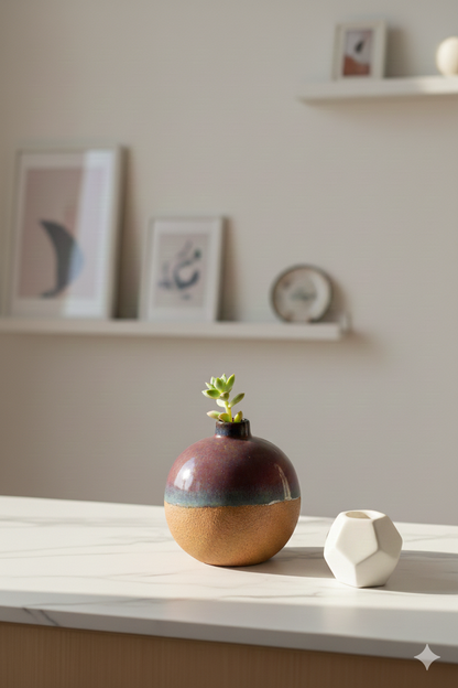 Decorative ceramic vase with a plant on a shelf with a neutral background
