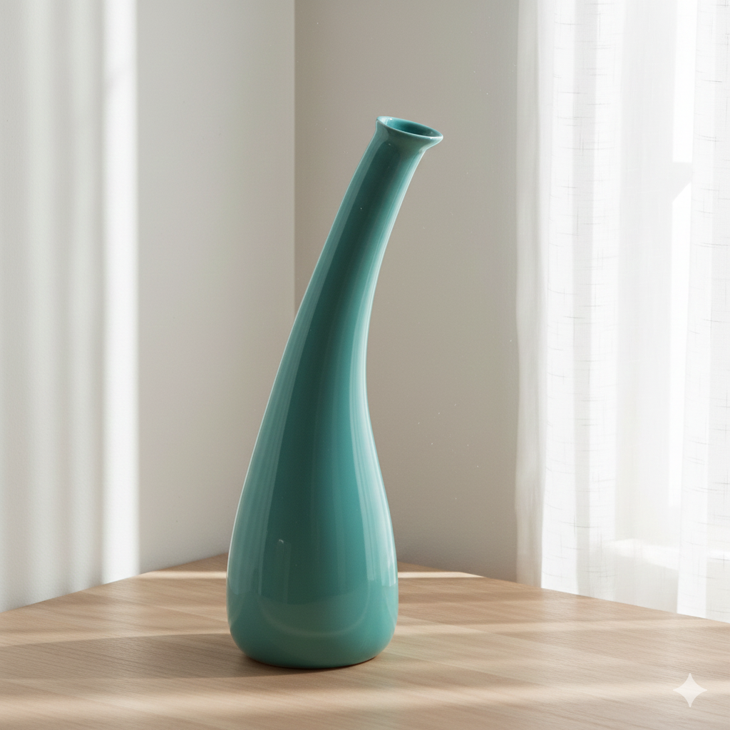 Teal vase on a wooden surface with a neutral background