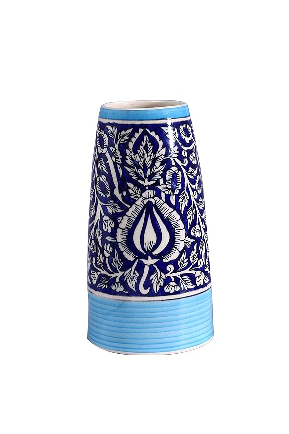 Floral arrangement ceramic vase with intricate Mughal design patterns, ideal for home interior enhancement.