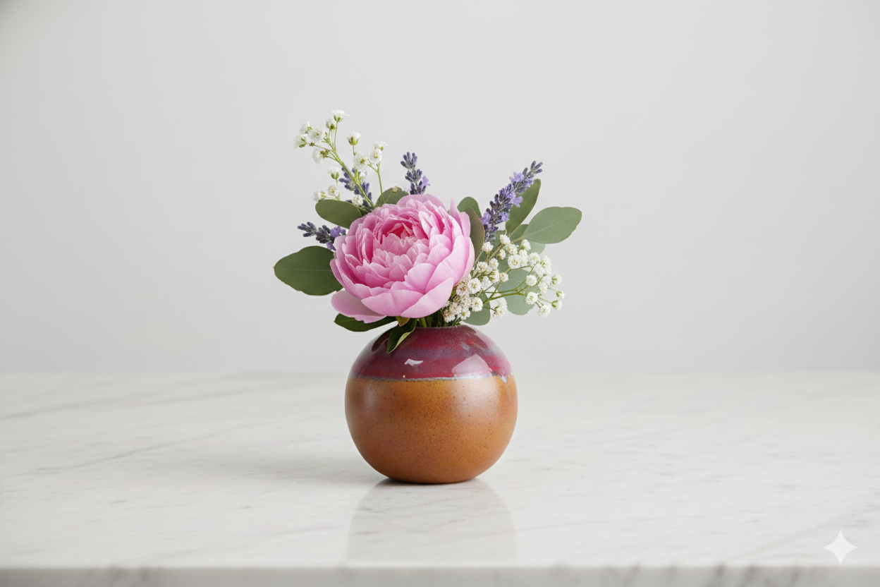 Small vase with pink flower and green leaves on a light surface