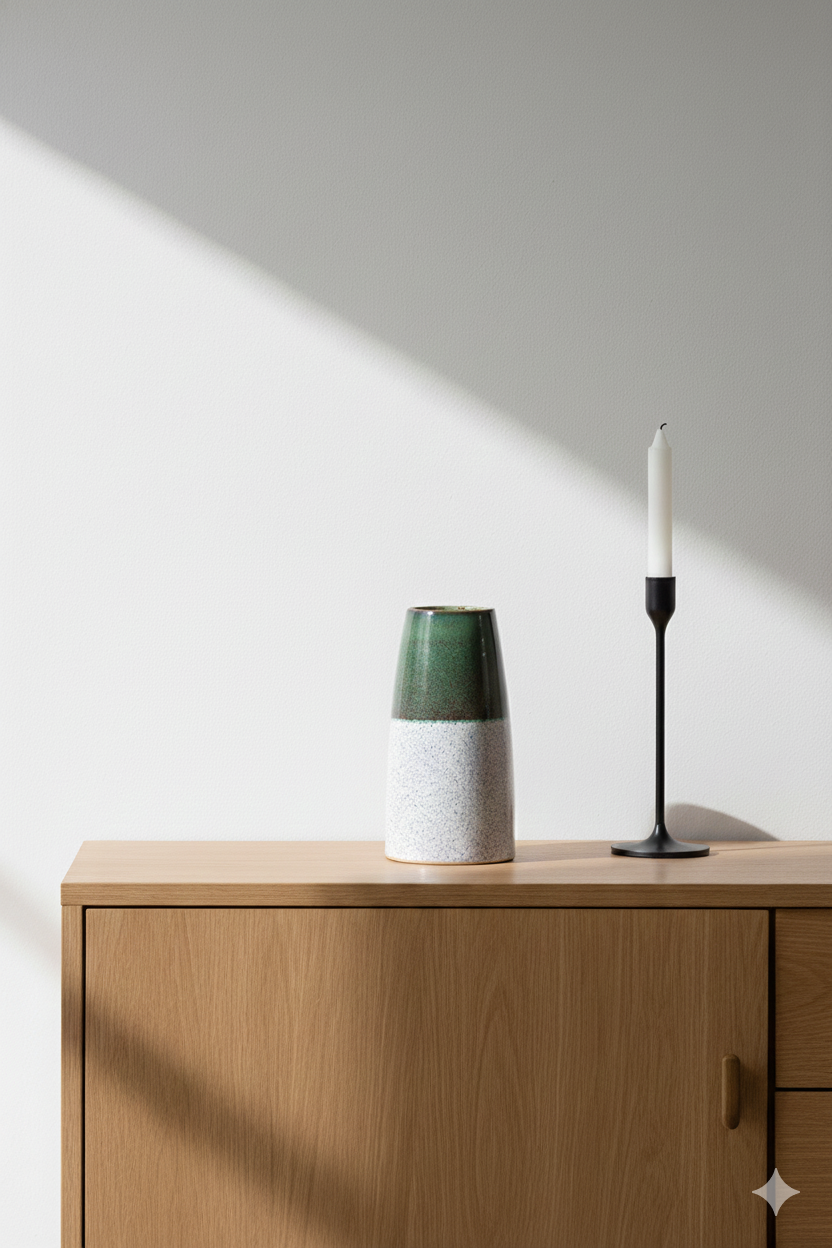 Green and white ceramic vase and black candlestick on a wooden surface with a neutral background