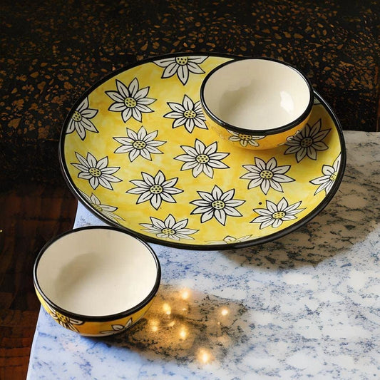 Caffeine Ceramic Handmade Californian Sunflowers Dinner Set (Set of 3) 1 Dinner plate & 2 Katori Bowl