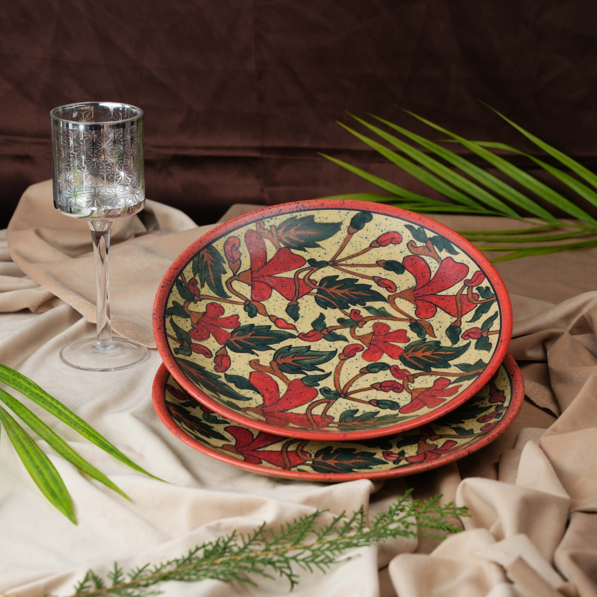 Caffeine Ceramic Handmade Stoneware Orange Flora Dinner Plates10 inch Set of 2 - Caffeine Premium Stoneware