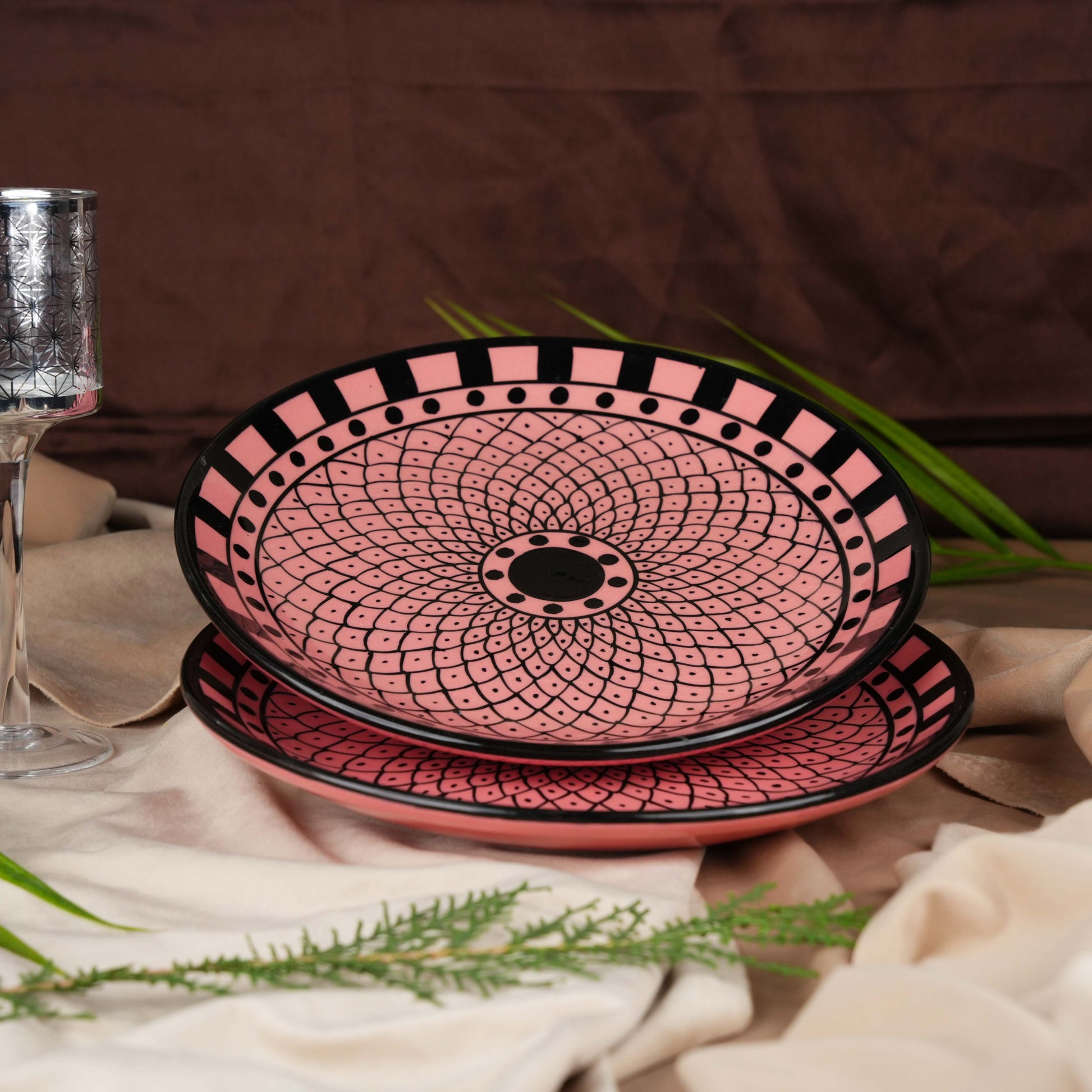 Caffeine Ceramic Handmade Pink Flower Printed Dinner Plate 10" inch(Set of 2) - Caffeine Premium Stoneware