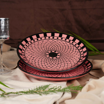 Caffeine Ceramic Handmade Pink Flower Printed Dinner Plate 10" inch(Set of 2) - Caffeine Premium Stoneware