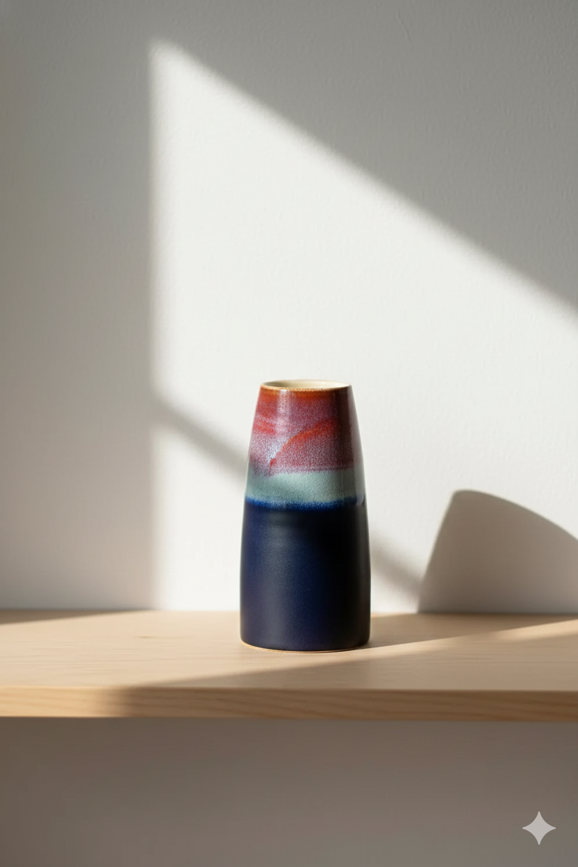 Vase with gradient color on a wooden shelf with soft shadows