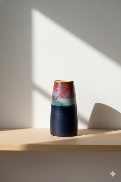 Vase with gradient color on a wooden shelf with soft shadows