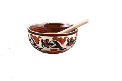 Caffeine Ceramic Handmade Brown and White Flower Print Soup Bowl with spoon set of 6 - Caffeine Premium Stoneware
