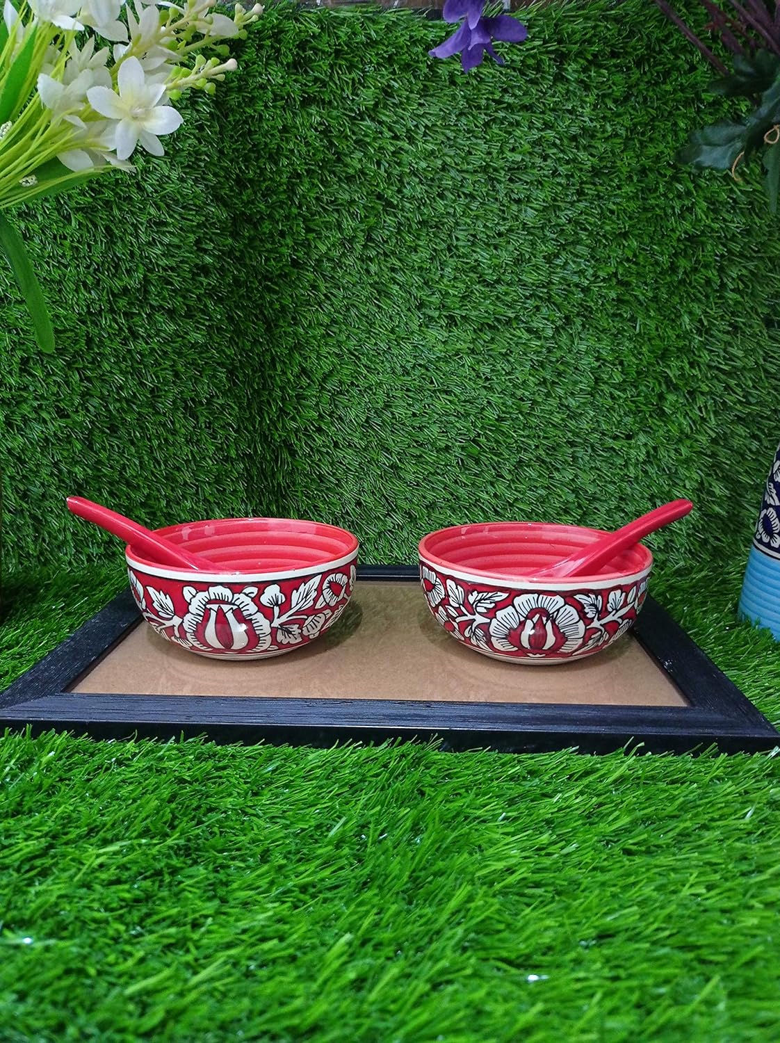 Caffeine Ceramic Handmade Red Mughal Soup Bowl with spoon set of 6 - Caffeine Premium Stoneware