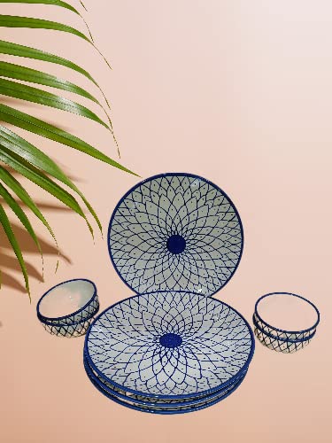 Caffeine Ceramic Stoneware Handmade Blue Spider Design Combo Dinner Set (Set of 8) - Caffeine Premium Stoneware