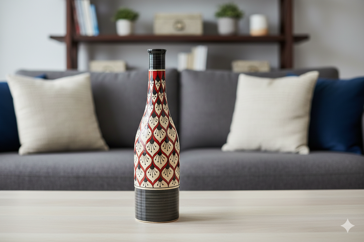 Decorative bottle with geometric pattern on a table in a living room setting