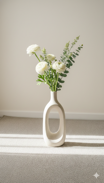 White vase with flowers on a neutral background