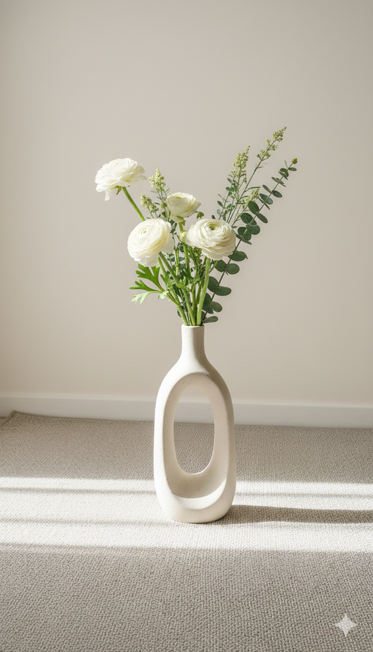 White vase with flowers on a neutral background