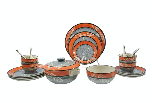 Caffeine Ceramic Handmade Orange Leaf Dinner Set (19 pcs.)