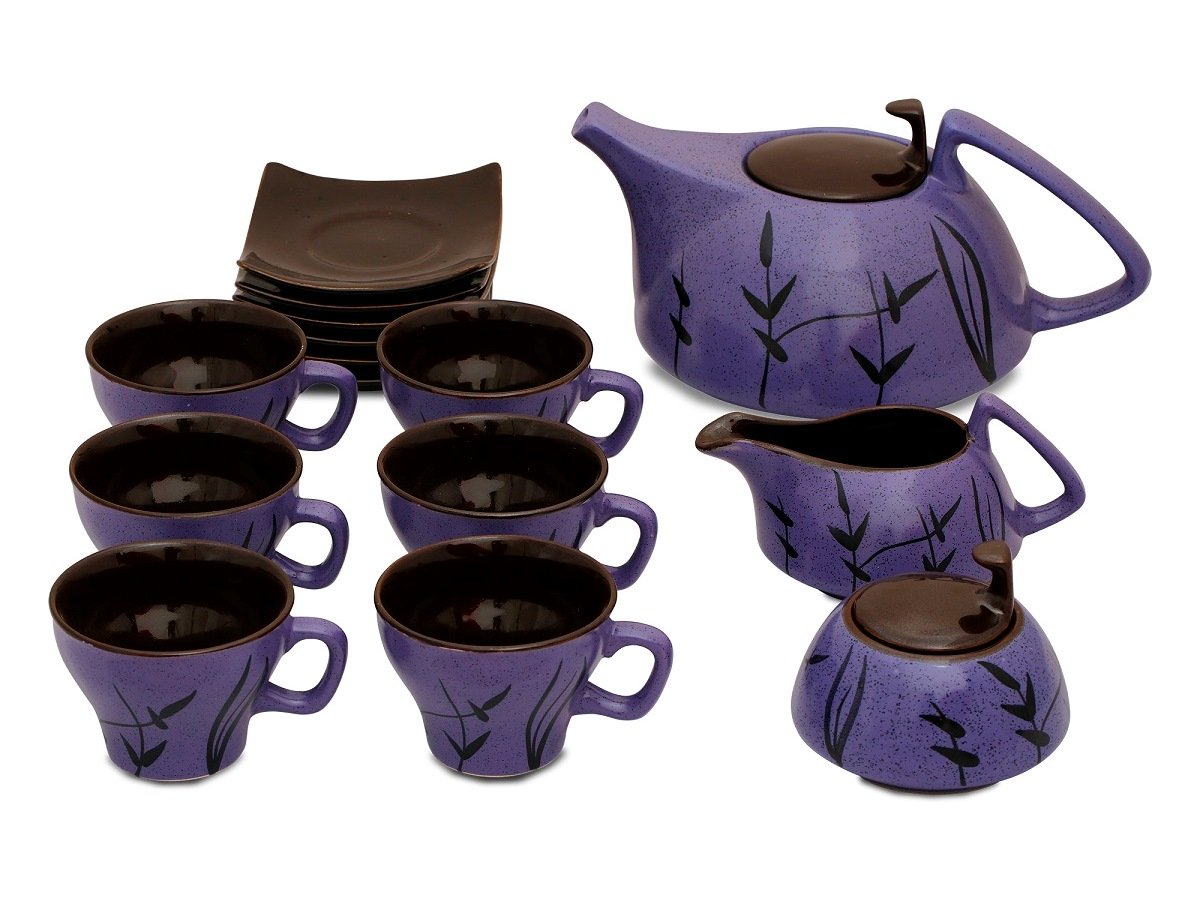 Caffeine Ceramic Handmade Stoneware Violet Matte Leaf Printed Tea Set 15pc - Caffeine Premium Stoneware