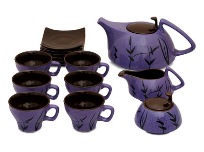 Caffeine Ceramic Handmade Stoneware Violet Matte Leaf Printed Tea Set 15pc - Caffeine Premium Stoneware