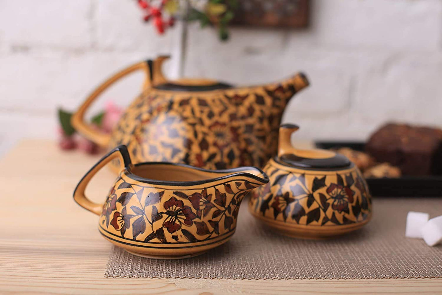 Caffeine Ceramic Handmade Stoneware Brown Sehra Tea Set of 15 - Caffeine Premium Stoneware