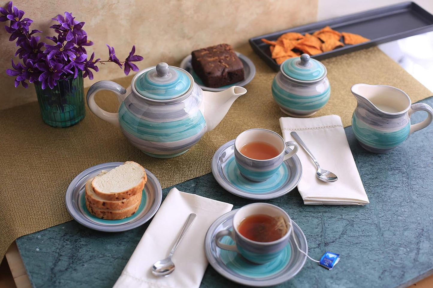 Caffeine Ceramic Handmade Stoneware Sea Green Printed Tea Set of 15 - Caffeine Premium Stoneware