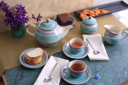 Caffeine Ceramic Handmade Stoneware Sea Green Printed Tea Set of 15 - Caffeine Premium Stoneware