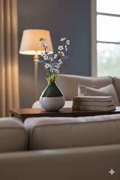 Vase with flowers and books on a coffee table in a living room setting