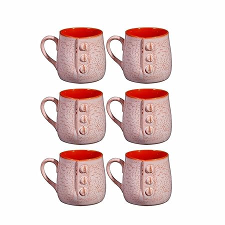 Caffeine Ceramic Handmade Matte Pink & Orange Crackle Buttoned Tea Cups (Set of 6 pcs) - Caffeine Premium Stoneware
