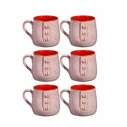 Caffeine Ceramic Handmade Matte Pink & Orange Crackle Buttoned Tea Cups (Set of 6 pcs) - Caffeine Premium Stoneware