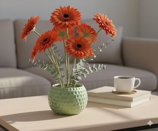 Orange flowers in a green vase on a coffee table with a cup of coffee and books in the background.