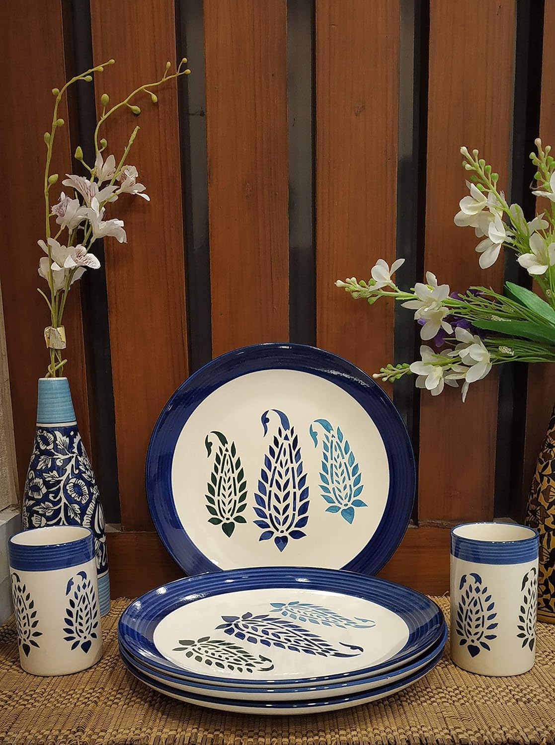 Caffeine Ceramic Handmade Blue Boota Combo Dinner Set (10 pcs.)