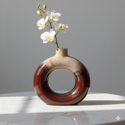 Decorative vase with a circular design on a marble surface and gray background