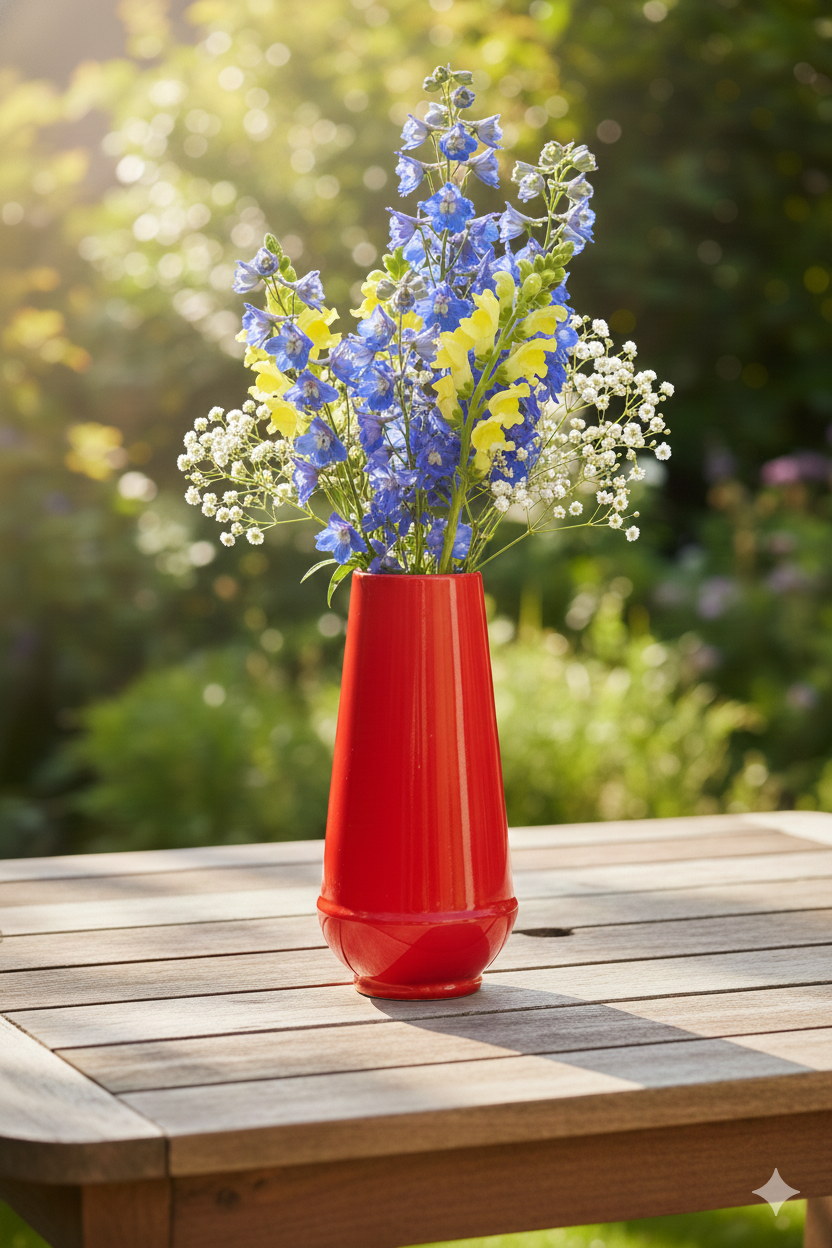 Red vase with flowers on a wooden table outdoors