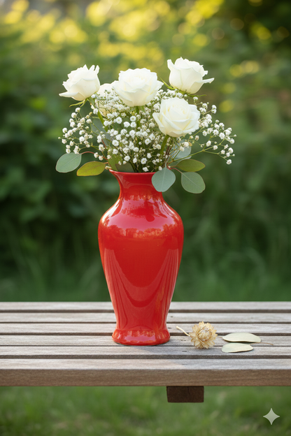 Red vase with white flowers on a wooden bench outdoors