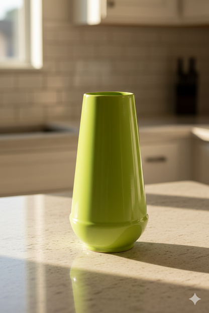Green vase on a kitchen counter with a blurred background