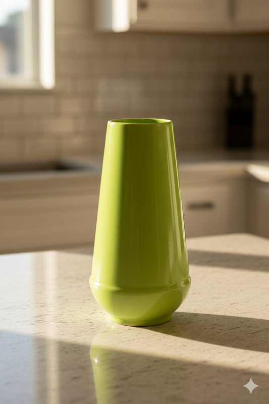 Green vase on a kitchen counter with a blurred background