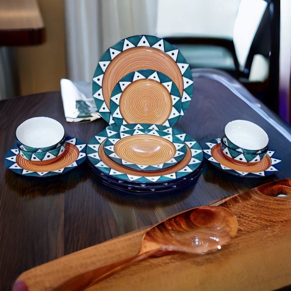 Caffeine Ceramic Handmade Green Soorya Combo Dinner Set (12 pcs.)