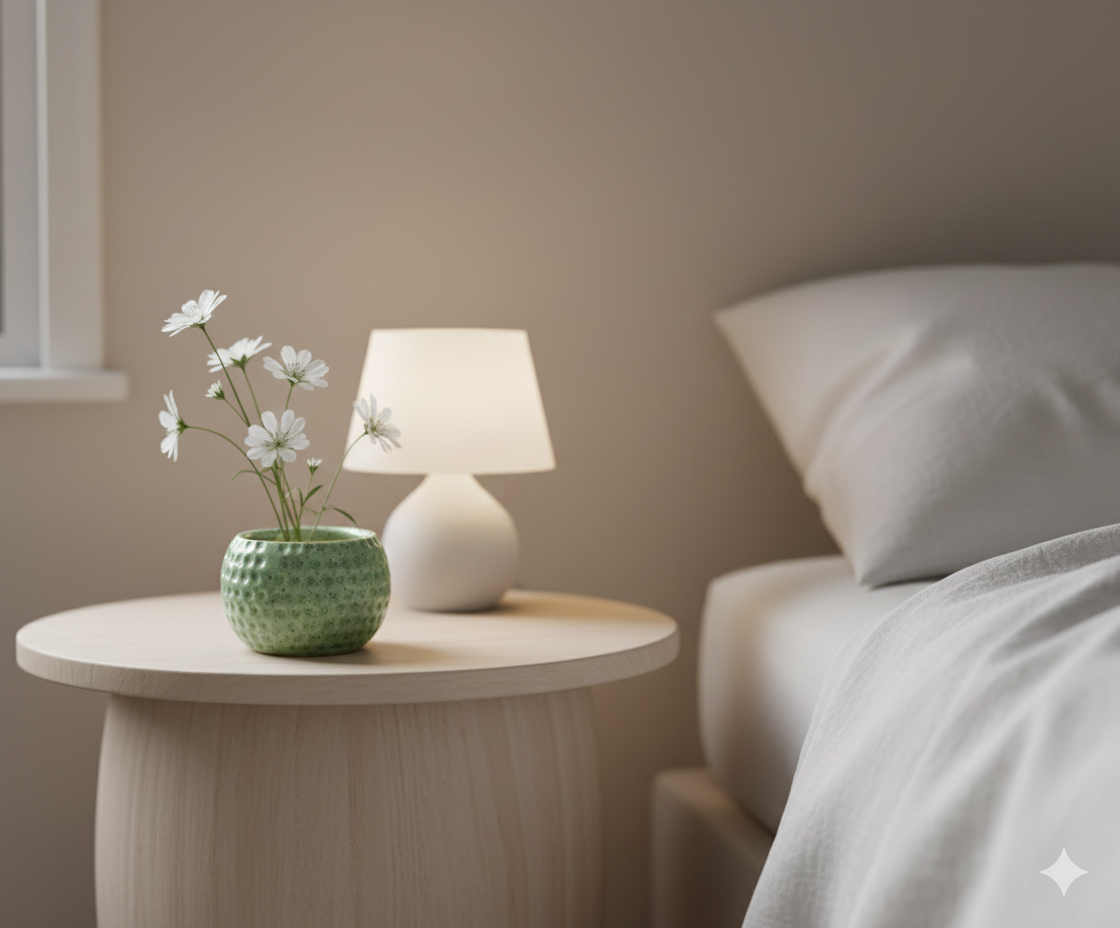 White lamp and green vase with flowers on a wooden side table next to a bed.