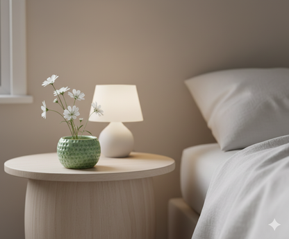 White lamp and green vase with flowers on a wooden side table next to a bed.