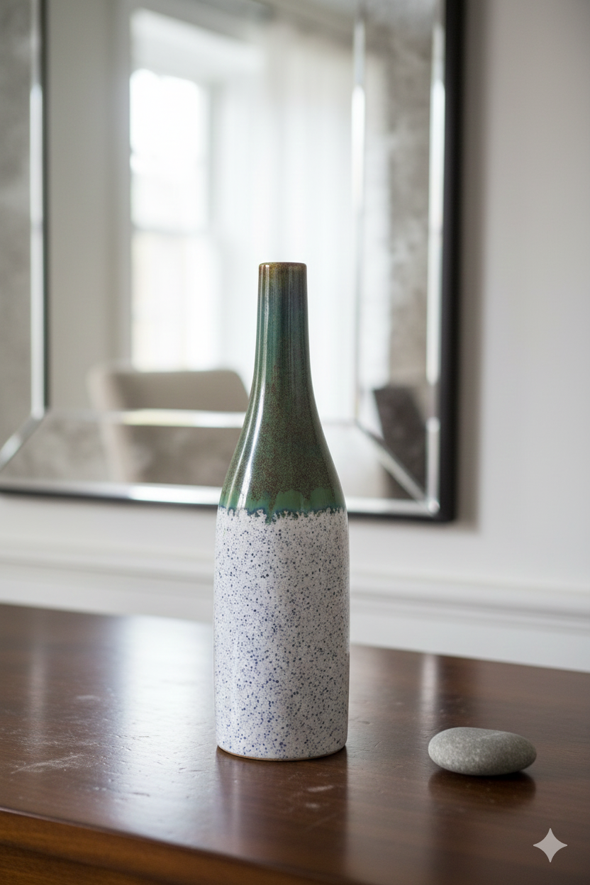 Ceramic bottle with textured design on a wooden surface, with a mirror in the background.