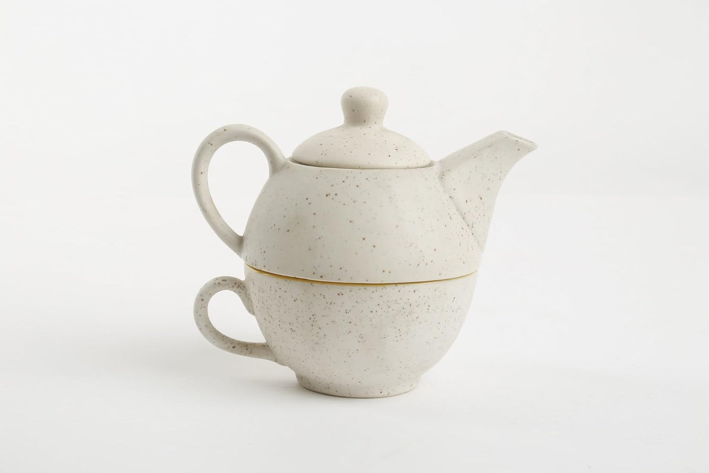 Caffeine Ceramic Handmade White Matte Mustard 2 in 1 Tea Pot (Set of 1, Single Kettle with Cup)