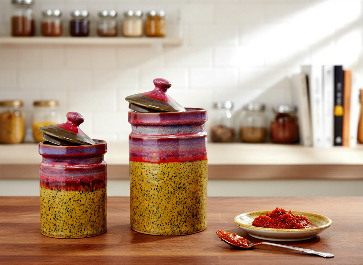 Two ceramic jars with colorful layers on a wooden surface, with a plate of food in the background.