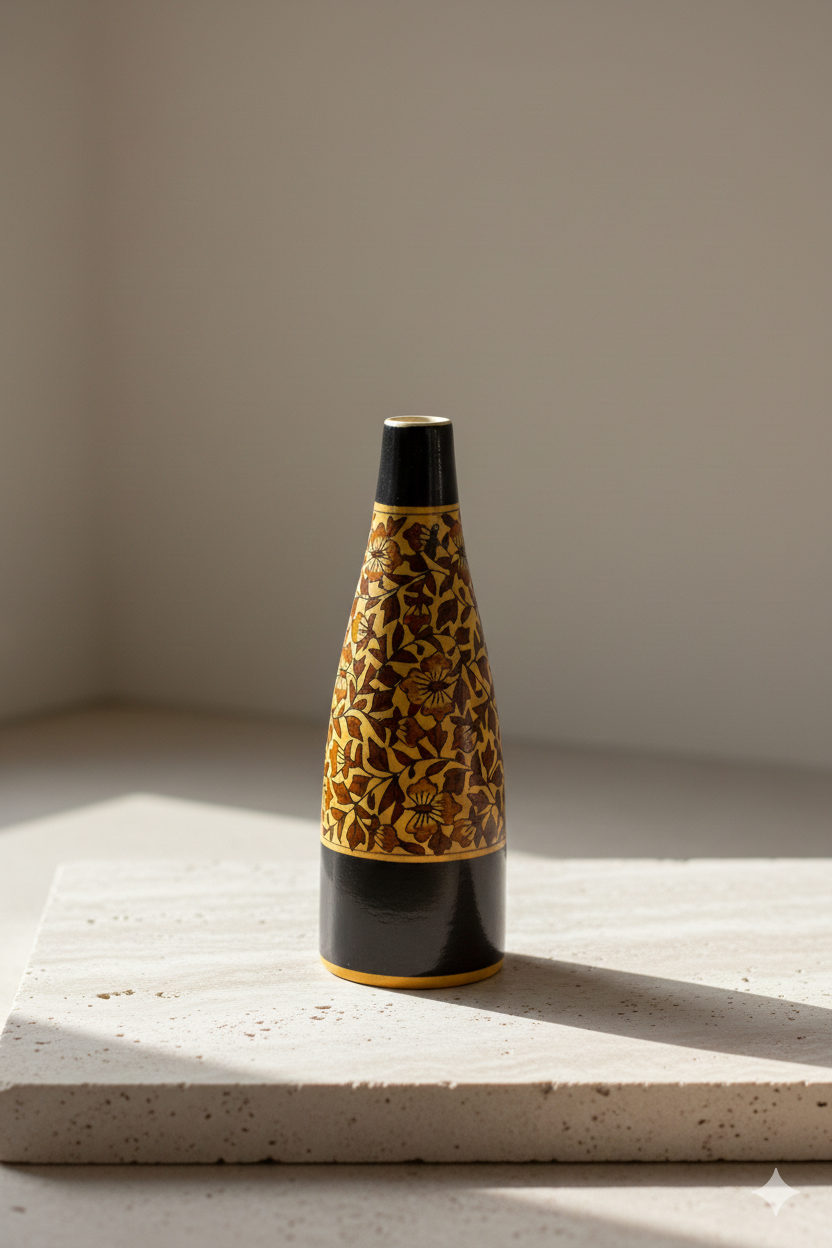 Decorative vase with black and gold pattern on a light surface