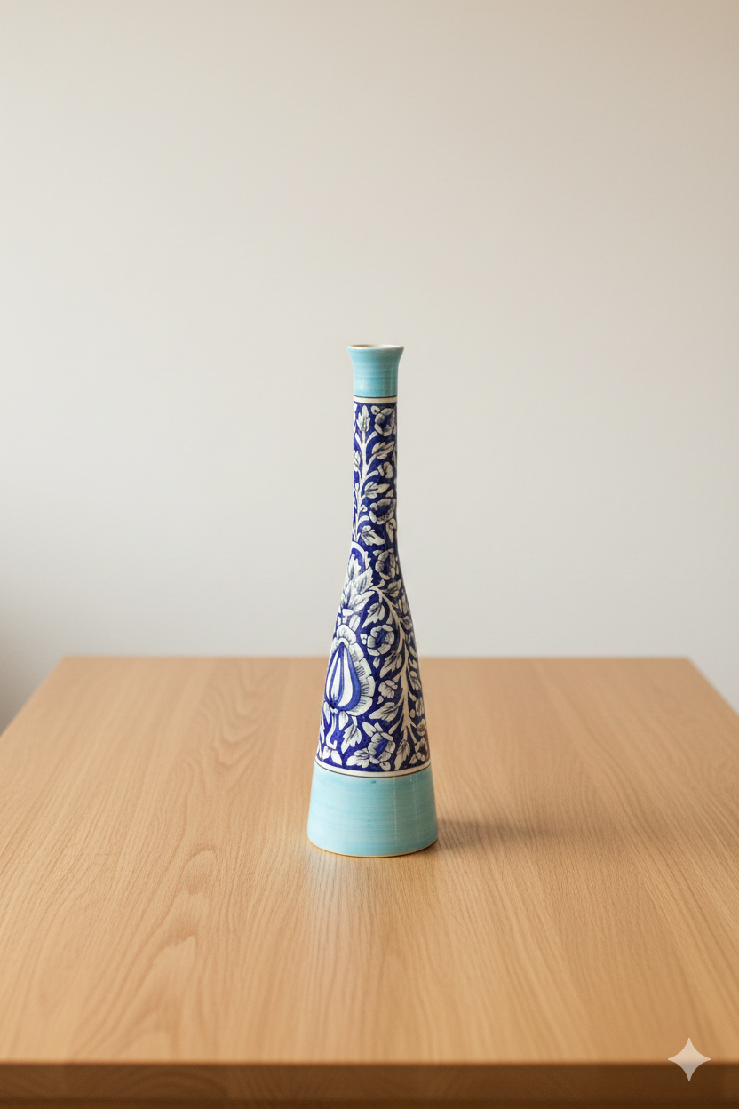 Decorative vase with blue and white pattern on a wooden table