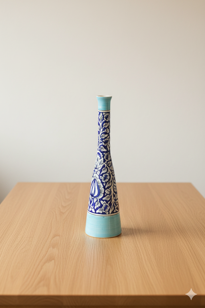 Decorative vase with blue and white pattern on a wooden table
