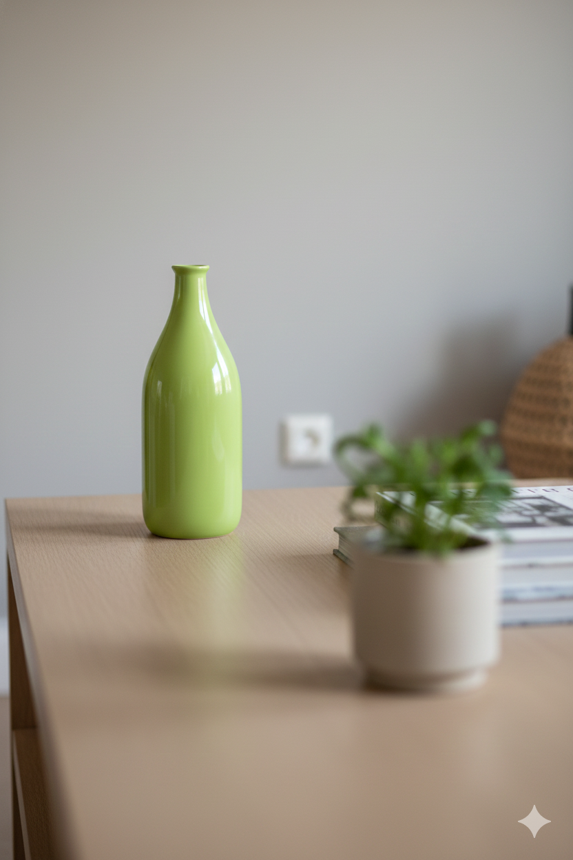 Green vase on a wooden surface with a plant and books in the background