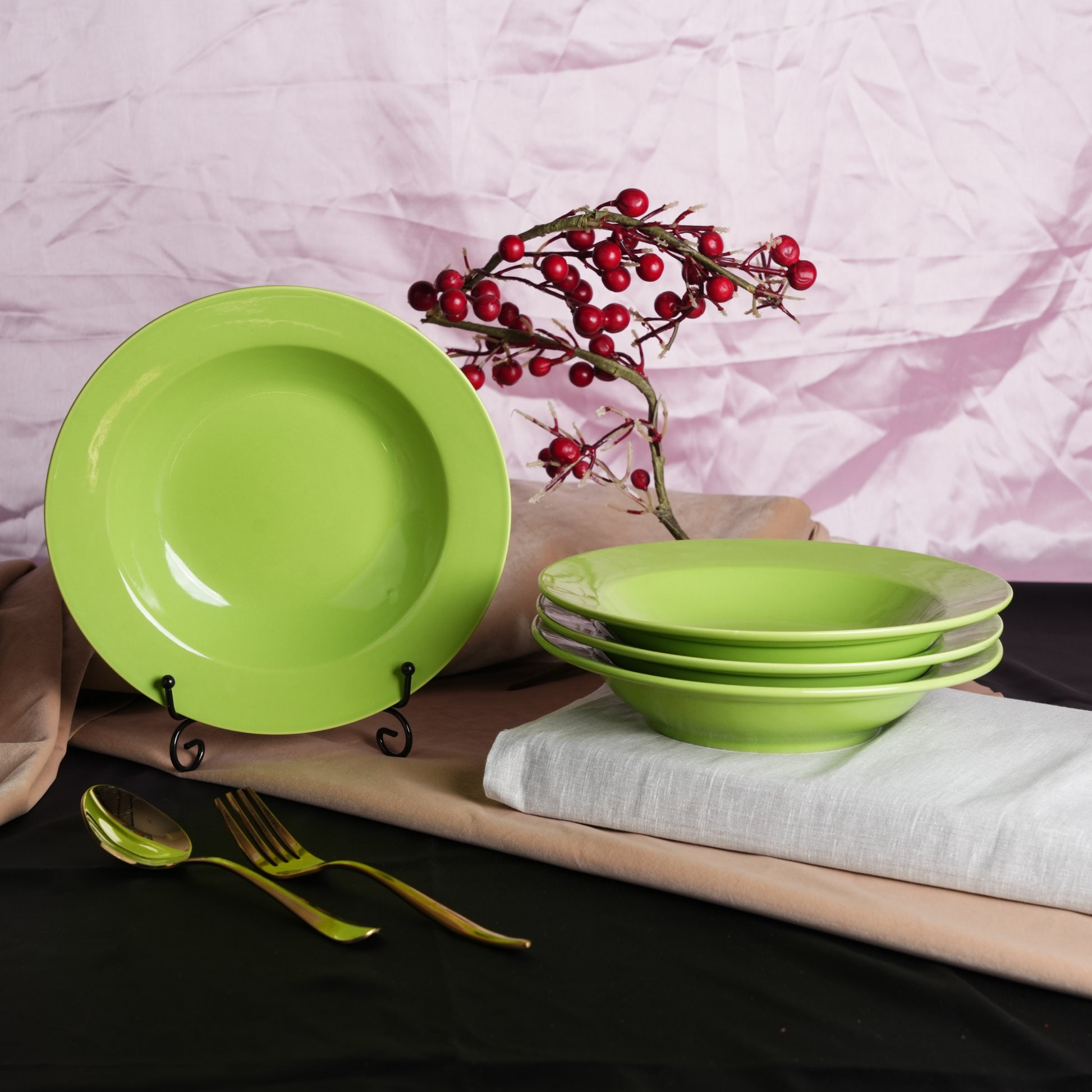 Caffeine Ceramic Handmade Stoneware Parrot Green 9 inches Soup Plates/Maggie Plate/Pasta Plate/Macaroni Plate - (Set of 4 Dishwasher & Microwave Safe) - Caffeine Premium Stoneware