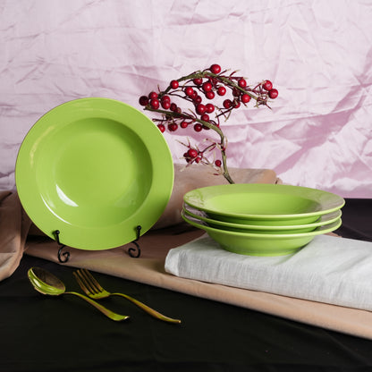 Caffeine Ceramic Handmade Stoneware Parrot Green 9 inches Soup Plates/Maggie Plate/Pasta Plate/Macaroni Plate - (Set of 4 Dishwasher & Microwave Safe) - Caffeine Premium Stoneware