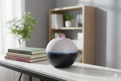 Decorative vase on a table with books and a plant in the background