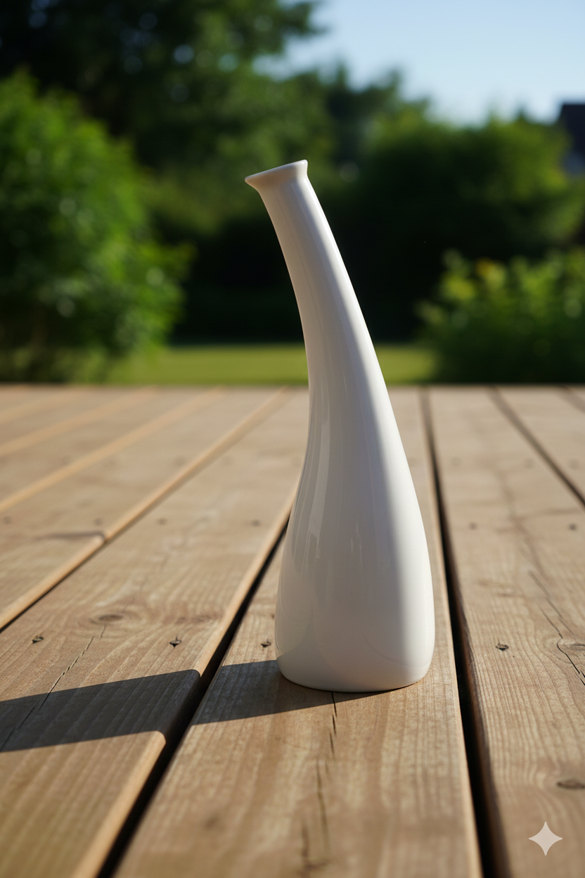 White ceramic vase on a wooden deck with blurred greenery in the background