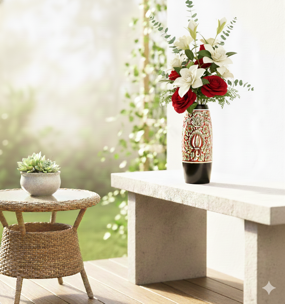 Vase with flowers on a table outdoors