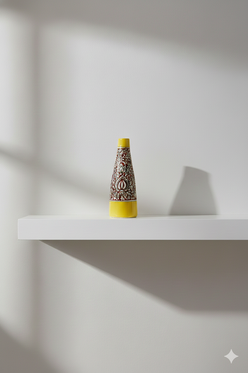 Decorative bottle with a textured design on a white surface