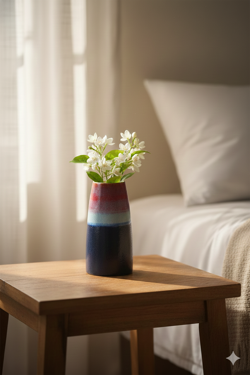Vase with white flowers on a wooden table in a cozy room.